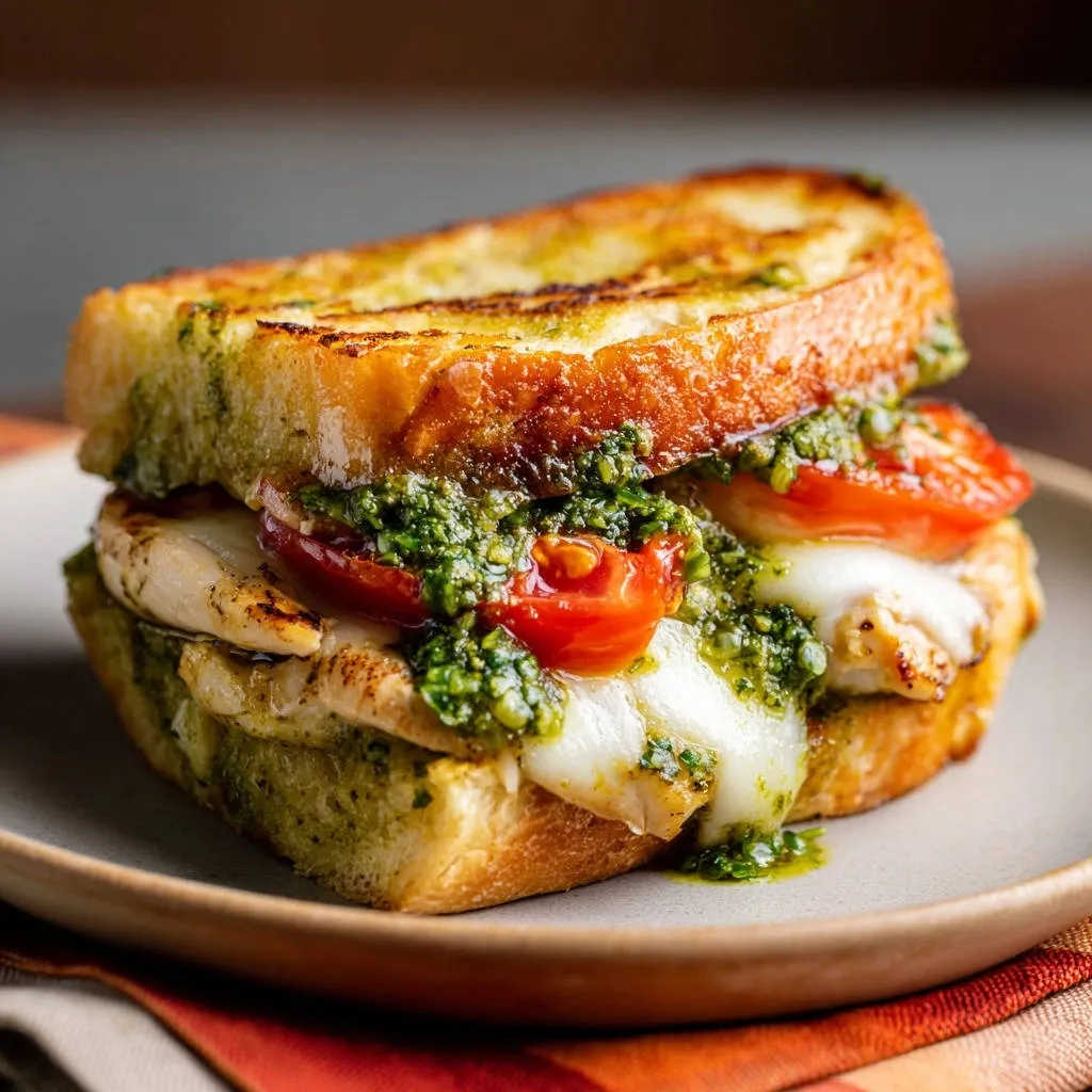 Ultimate grilled chicken pesto sandwich cross-section revealing layers of chicken, cheese, tomatoes, and pesto on toasted bread.