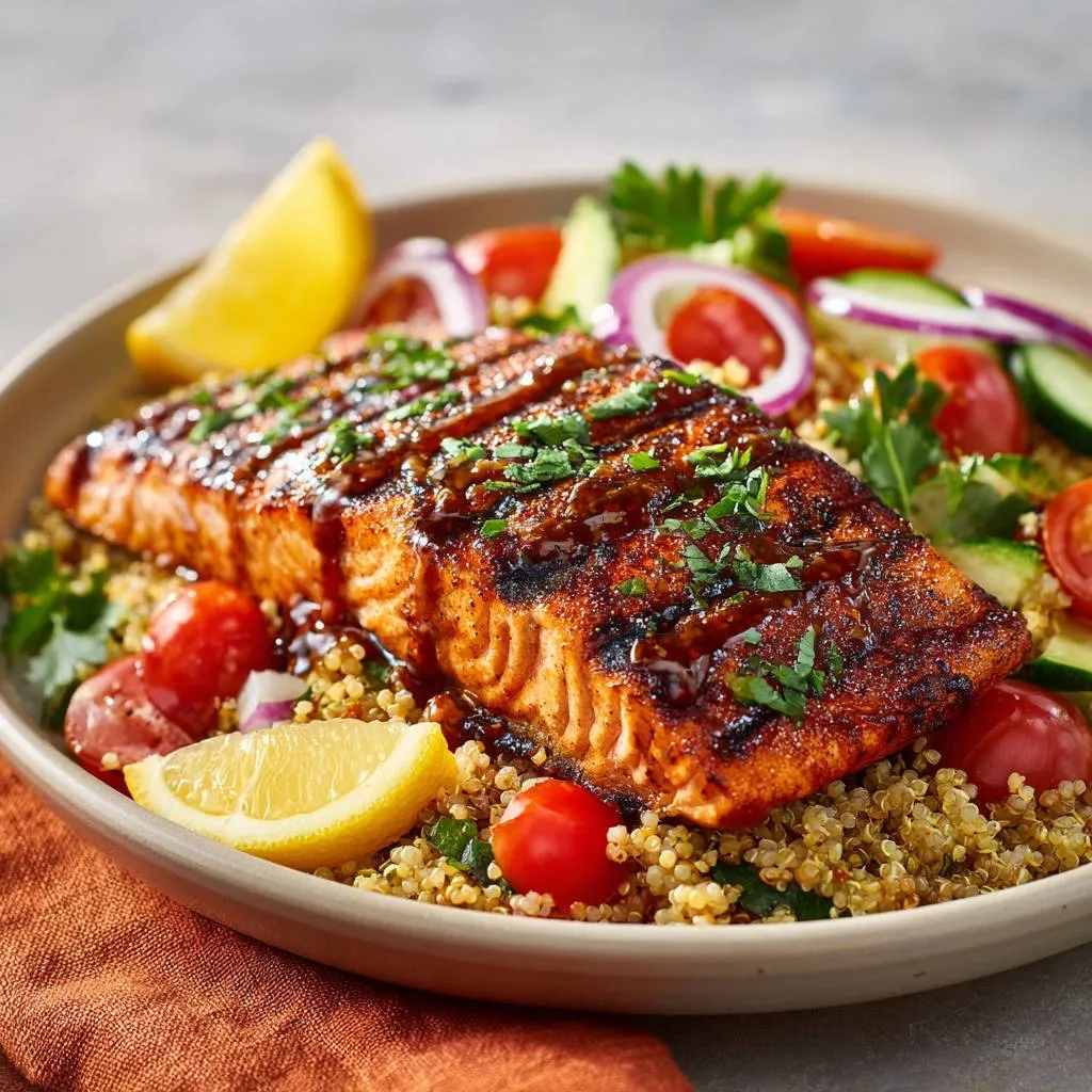 Grilled glazed salmon plated with quinoa, cherry tomatoes, cucumber, and lemon, showcasing a vibrant close-up view.