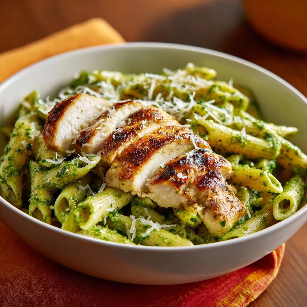 Grilled pesto chicken pasta featuring sliced chicken breast over penne pasta, with a close-up overhead view.
