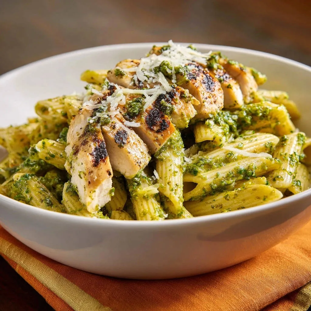 Grilled pesto chicken pasta with penne, topped with sliced chicken and grated cheese.