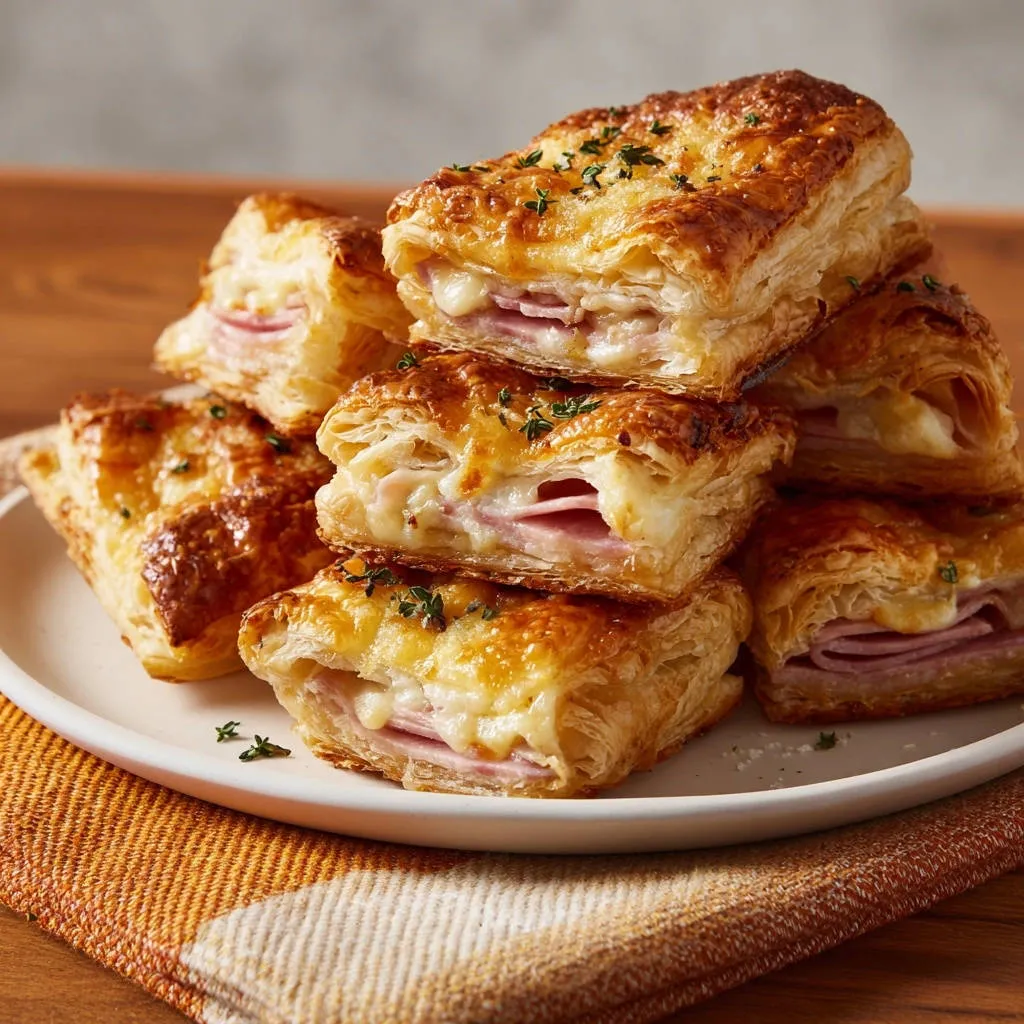 Easy Ham & Cheese Puff Pastries stacked and cut open, showing a close-up of the golden flaky pastry and ham and cheese filling.