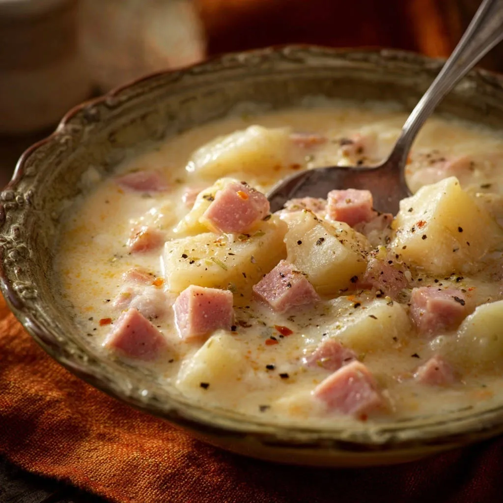 Hearty Ham and Potato Chowder shown in a close-up view of a rustic bowl with a spoon.