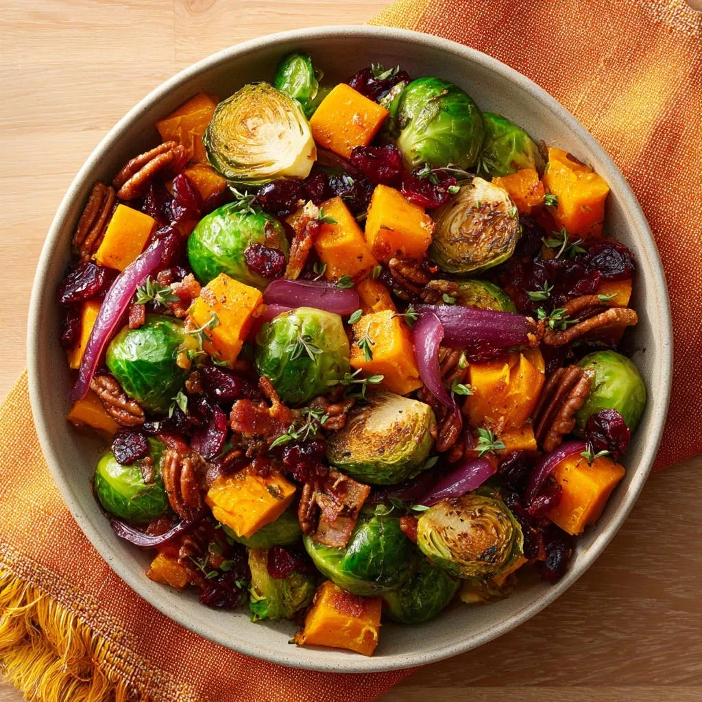 Perfectly caramelized harvest veggies served in a rustic bowl, featuring roasted butternut squash, Brussels sprouts, red onion, cranberries, and pecans.
