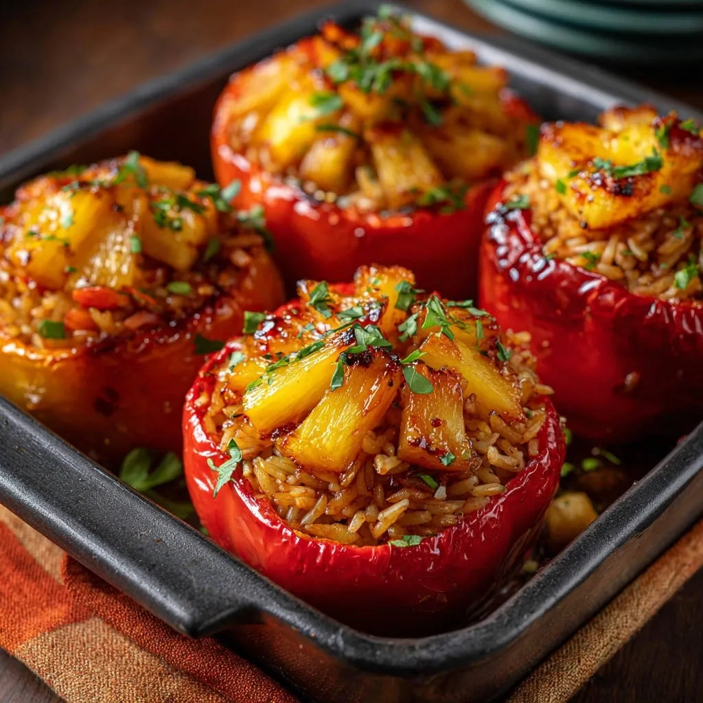 Hawaiian stuffed peppers in a tray, showcasing the rice and pineapple filling with a close-up view.