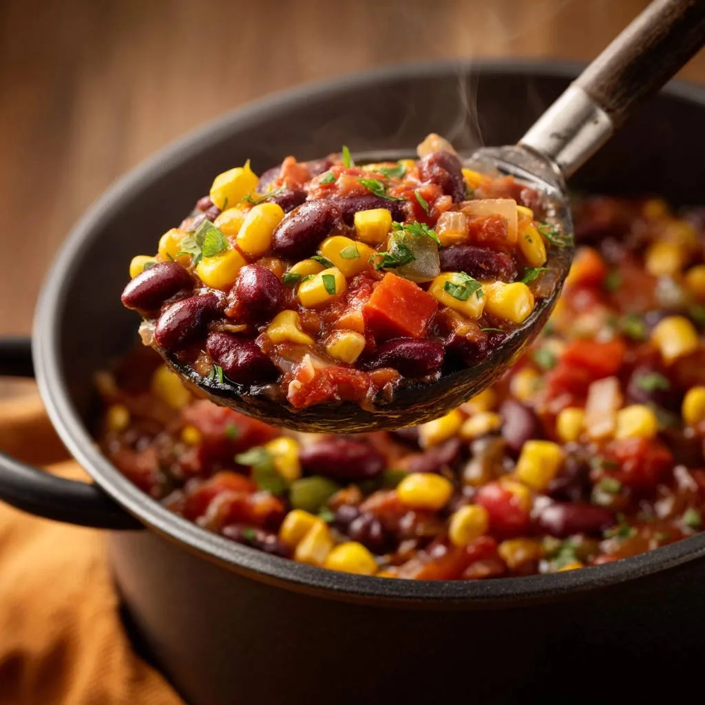 Hearty bean & corn chili shown in a close-up spoonful detail, with steam rising from the hot dish.