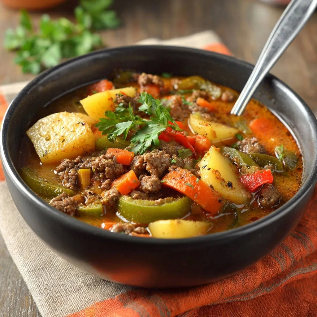 Hearty beef & potato stew in a dark bowl, showcasing tender beef, potatoes, carrots, and peppers with fresh parsley garnish.