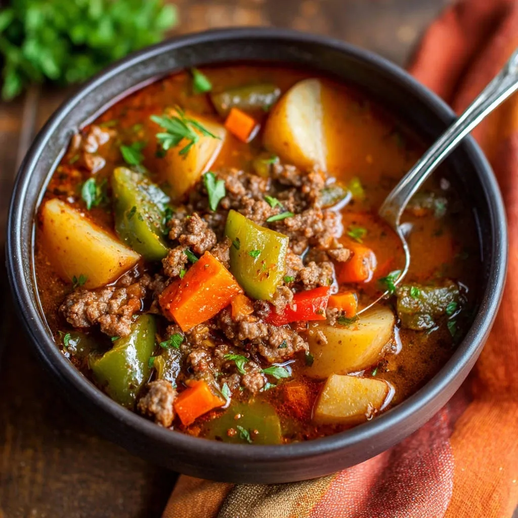 Hearty beef and potato stew shown in a close-up with a spoonful being lifted, highlighting the rich broth and chunky ingredients.