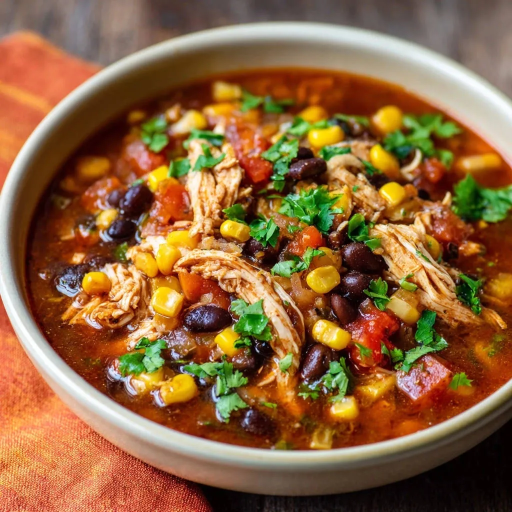 Hearty chicken chili served in a bowl, featuring shredded chicken, black beans, and corn, garnished with fresh parsley.