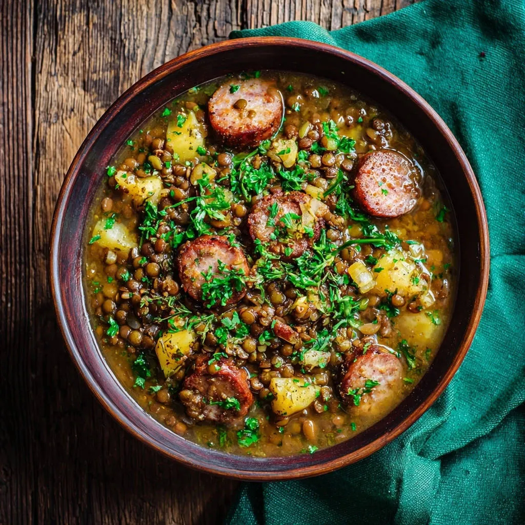 Hearty lentil and sausage stew served in a rustic bowl, seen from an overhead perspective with fresh parsley garnish.