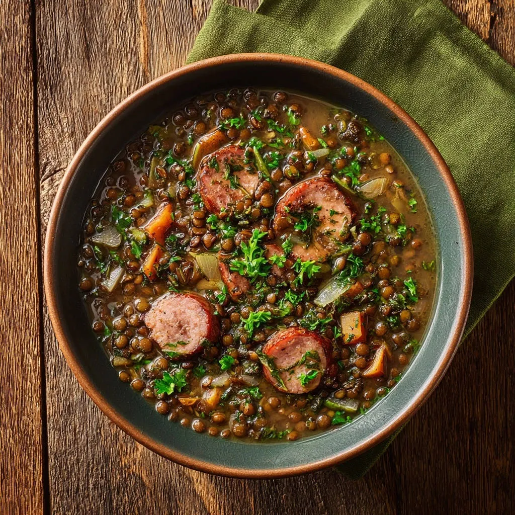 Hearty lentil & sausage stew served in a dark bowl, presented in an overhead view with a green napkin.