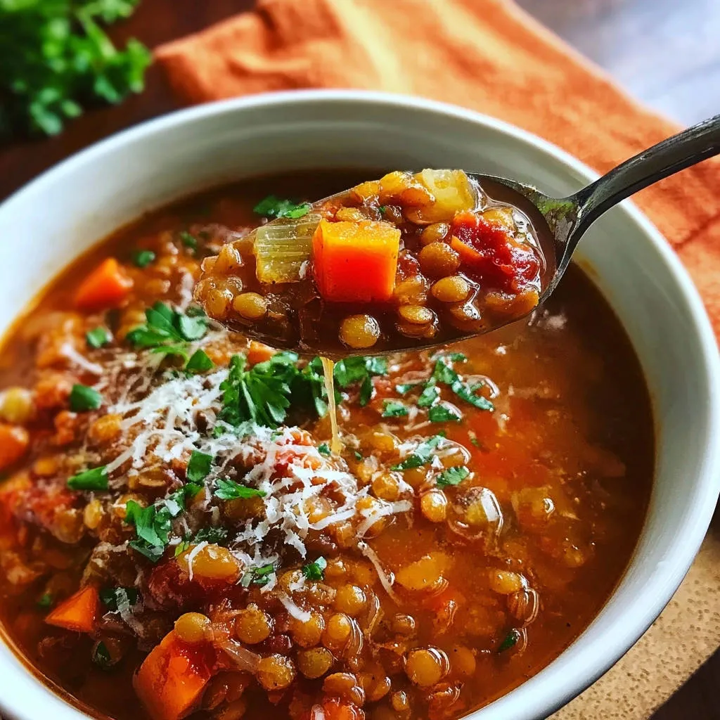Hearty lentil soup shown in a close-up spoonful, highlighting vegetables, lentils, and garnish.