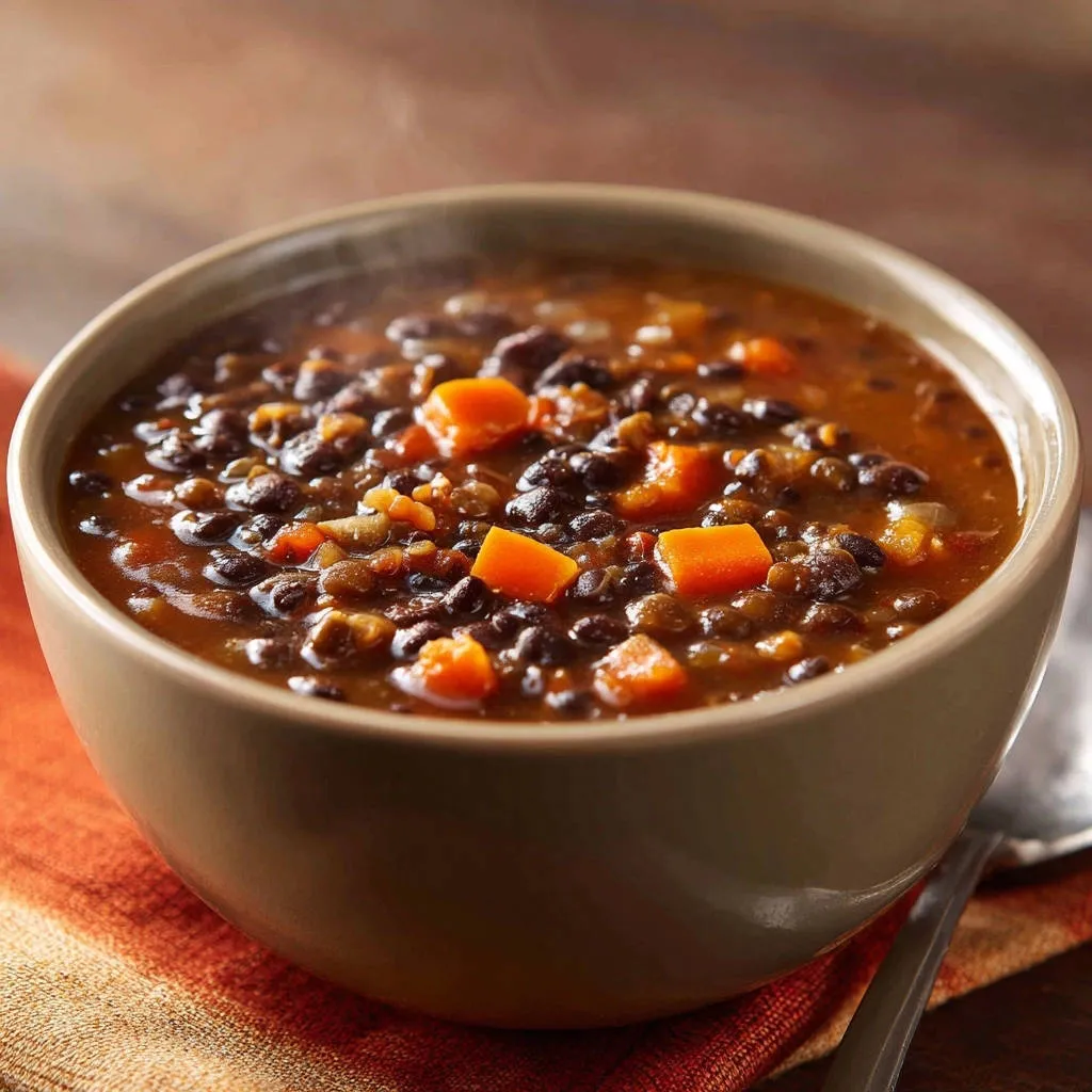 Hearty lentil & veggie soup served in a close-up view of a rustic bowl, showcasing its rich texture.