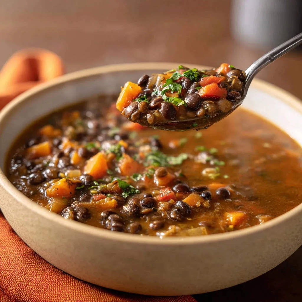Hearty lentil & veggie soup shown in a close-up spoonful detail, with visible carrots and herbs.