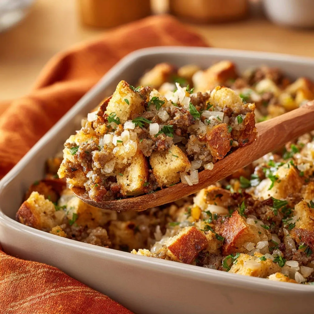 Hearty sausage cornbread dressing being served from a baking dish with a wooden spoon.