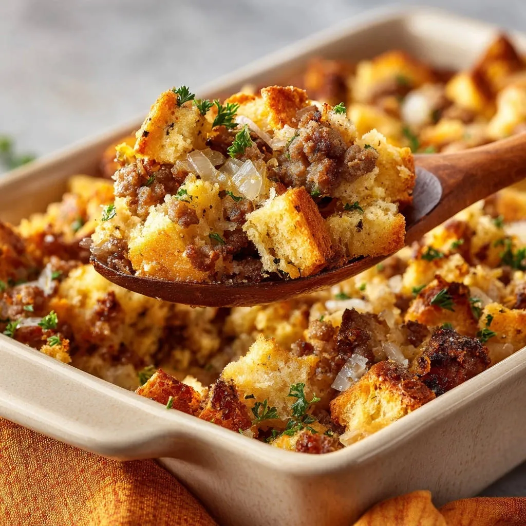 Hearty sausage cornbread dressing being scooped onto a wooden spoon, showcasing its texture and ingredients.