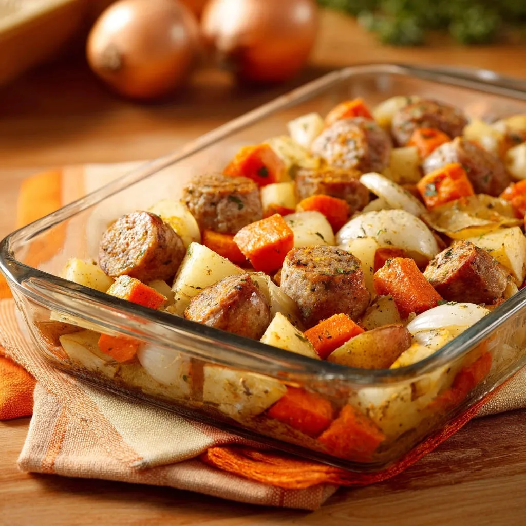 Hearty sausage and veggie bake in a clear glass baking dish, showing the roasted potatoes, carrots, and onions from a side angle.