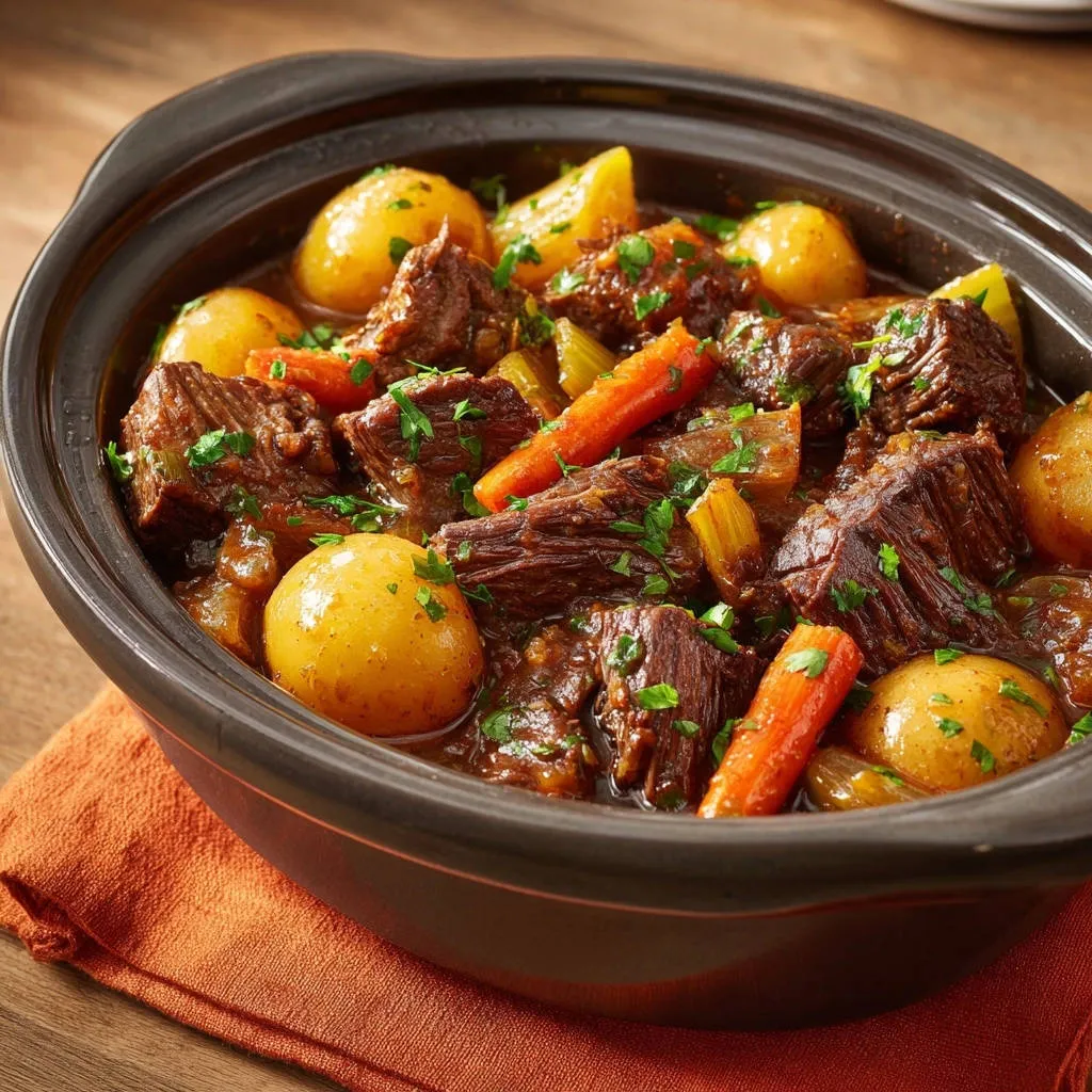 Hearty slow cooker beef stew with potatoes and carrots shown in a close-up view within the crock.