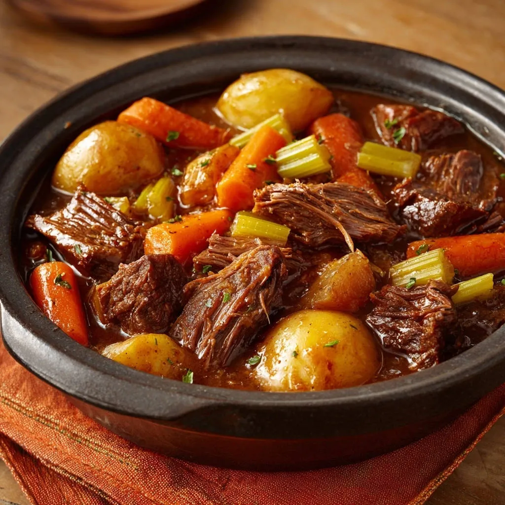 Hearty slow cooker beef stew with tender meat, carrots, potatoes, and celery in a dark pot.