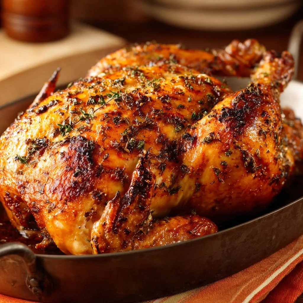 Herb & Citrus Roasted Chicken shown close-up with visible fresh herbs sprinkled on its golden-brown skin.