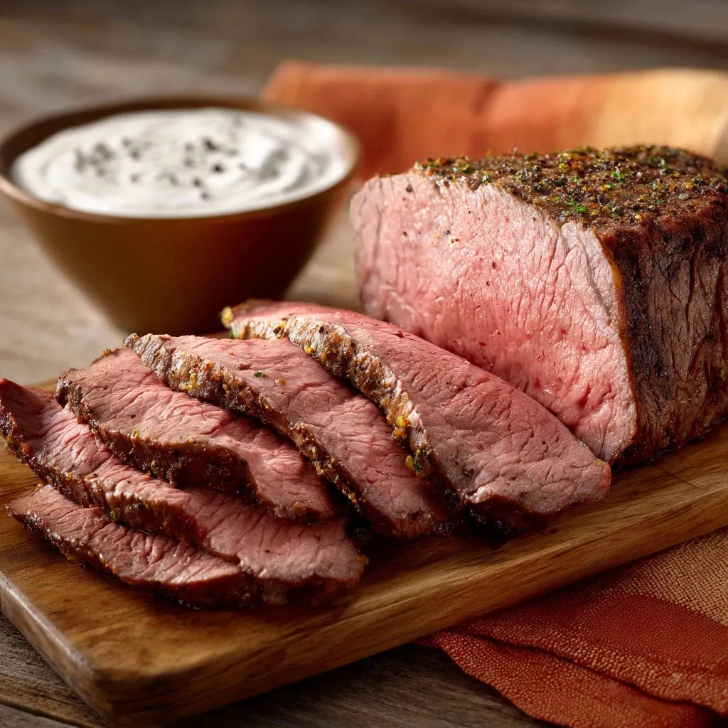 Herb-crusted beef roast sliced and served with a bowl of creamy dip on a wooden board.