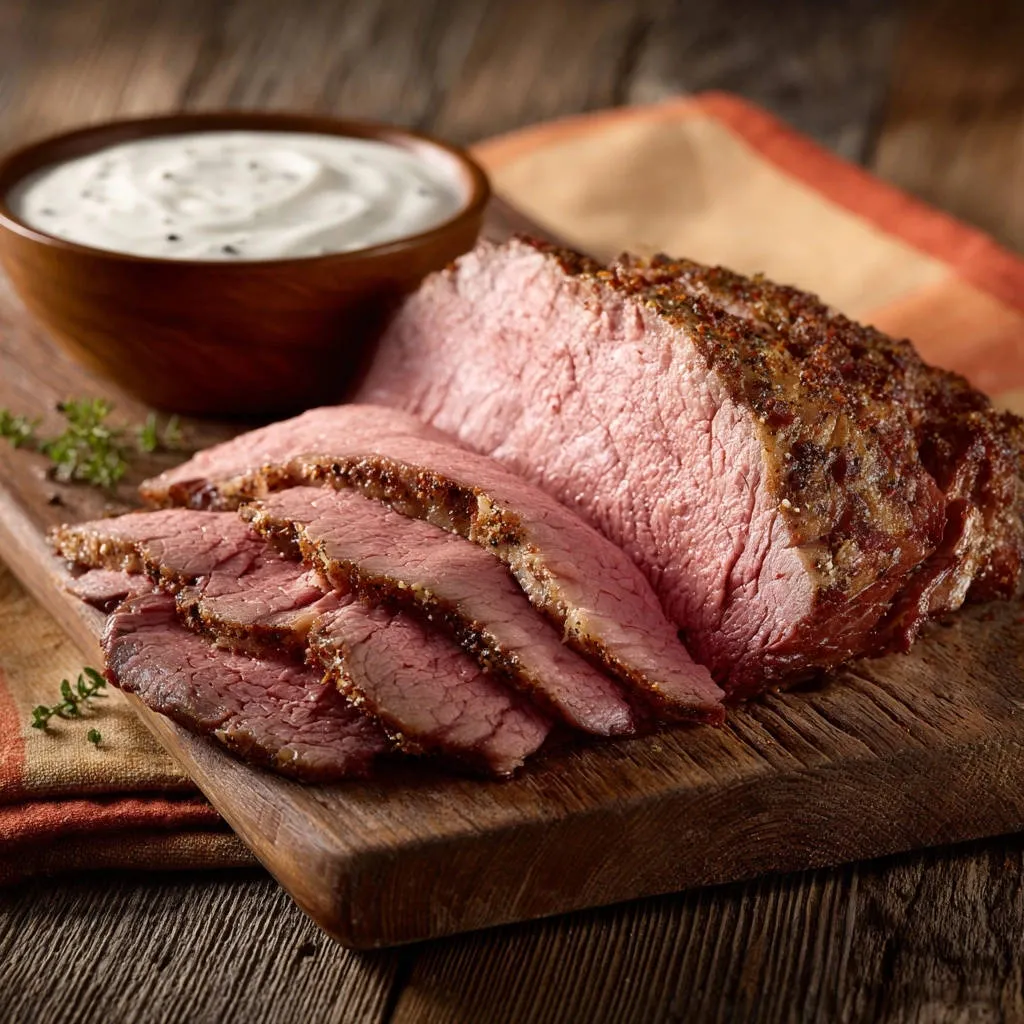 Herb-crusted beef roast sliced and served with a creamy dipping sauce on a wooden board.