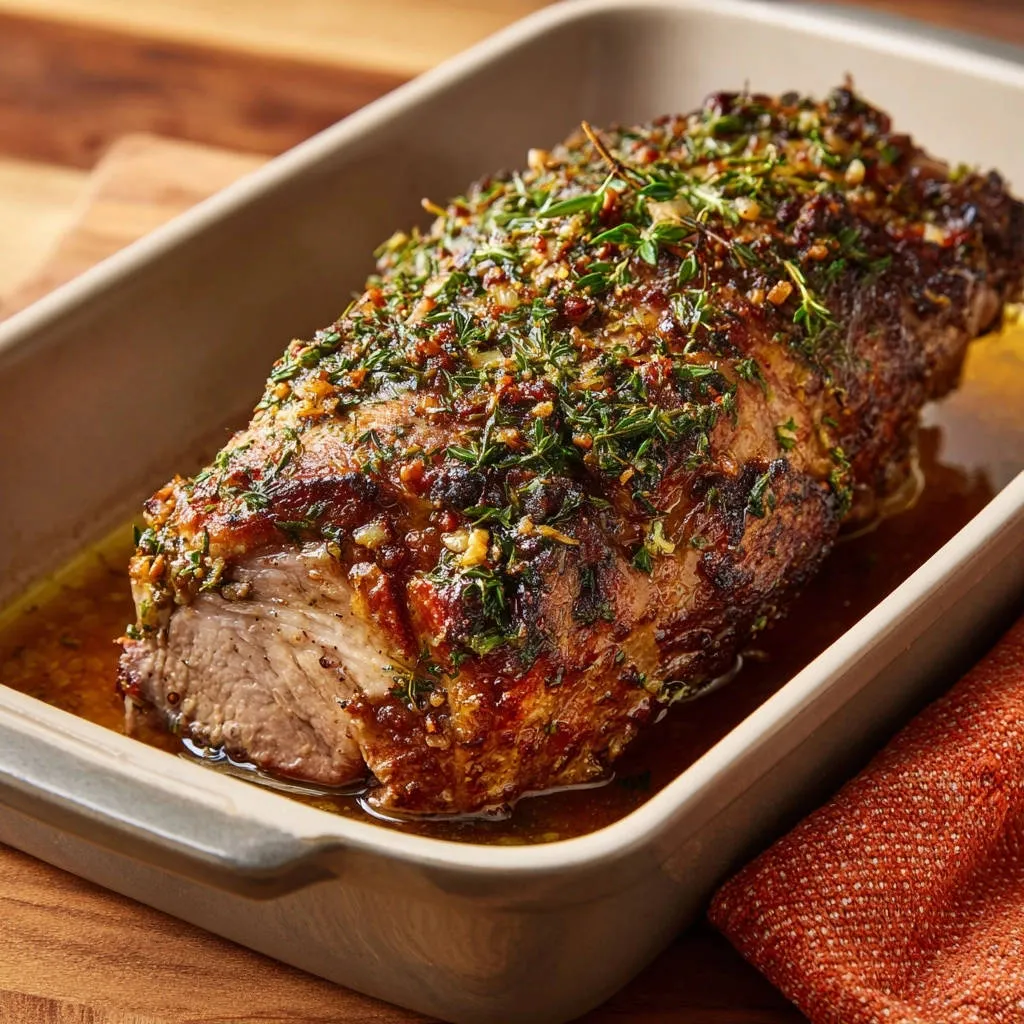 Herb-crusted beef tenderloin roast resting in a baking dish with juices