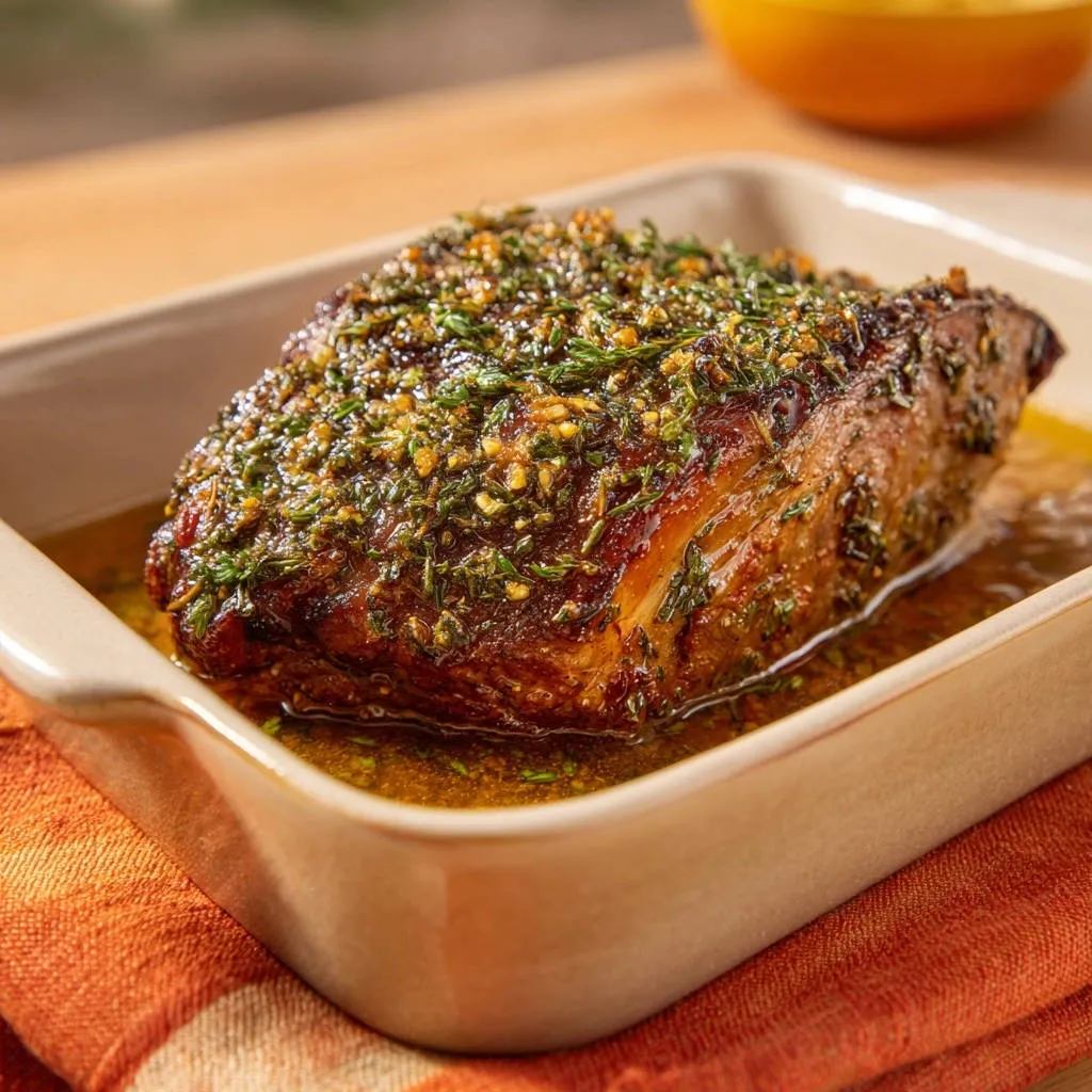 Herb-crusted beef tenderloin roast resting in a baking dish with juices and herbs.