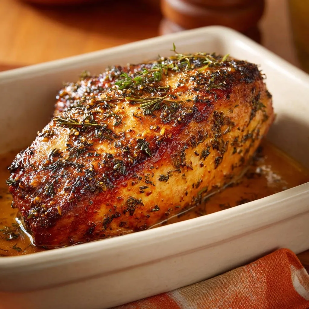 Herb-crusted roasted chicken breast resting in a baking dish with herbs and juices visible