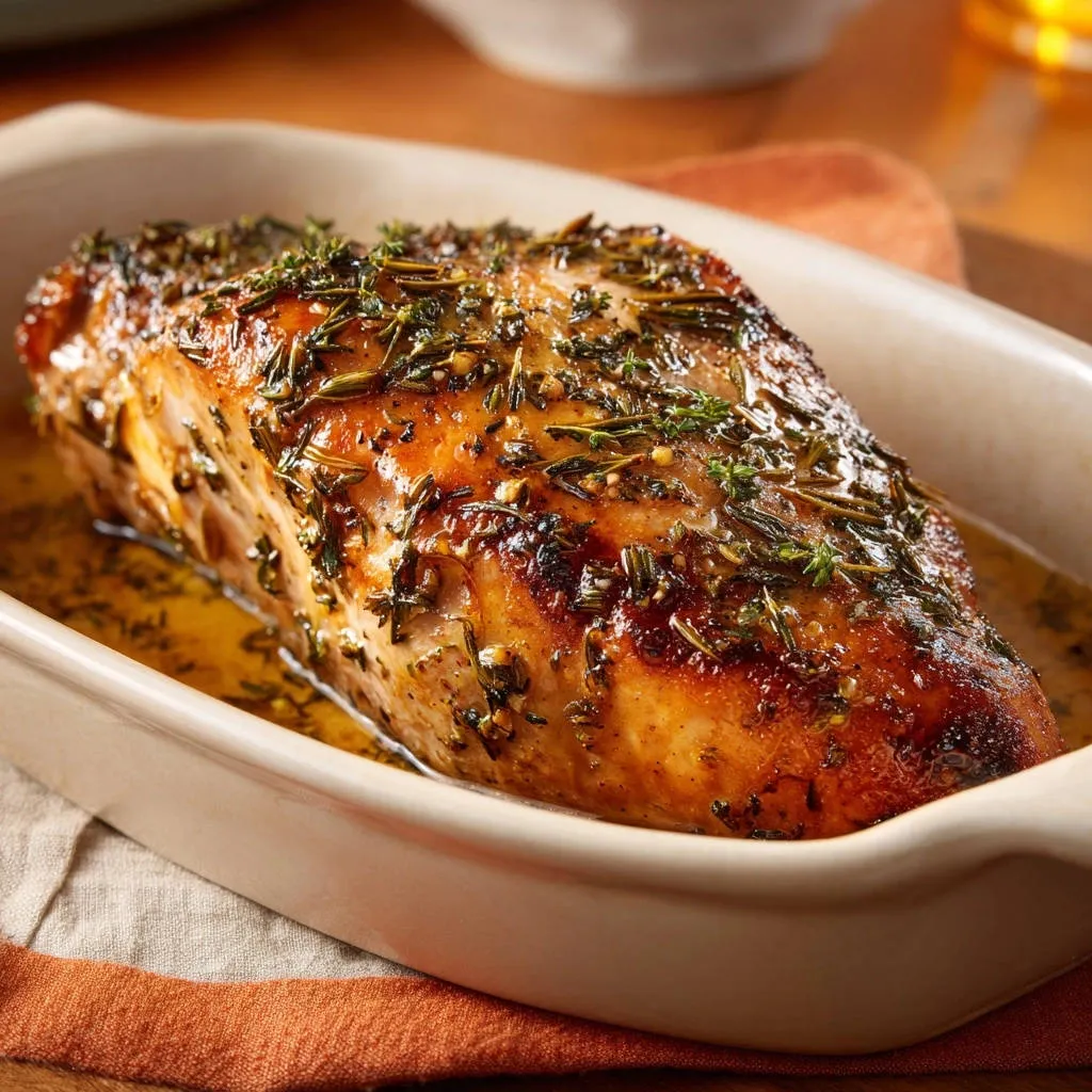 Herb-crusted roasted chicken breast in a baking dish, glistening with juices and herbs.