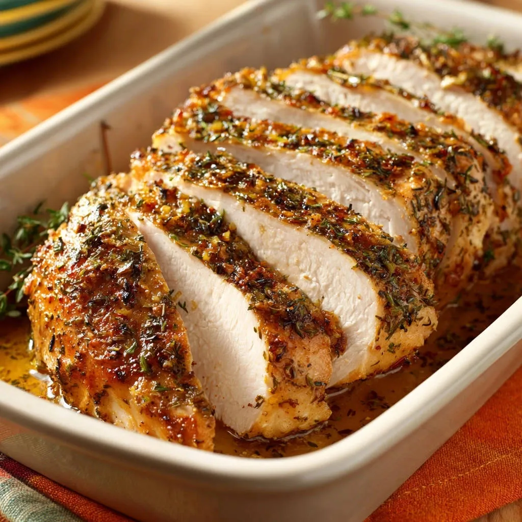 Herb-roasted chicken breast sliced and presented in a baking dish, showcasing its juicy interior and herb crust.
