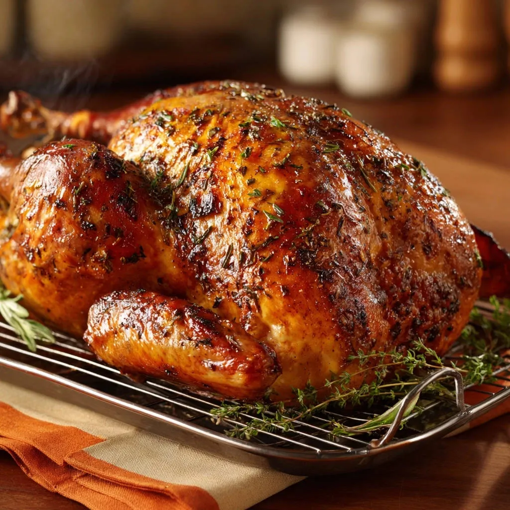 Herb roasted chicken cooling on a wire rack with fresh herbs and a glistening golden-brown skin.