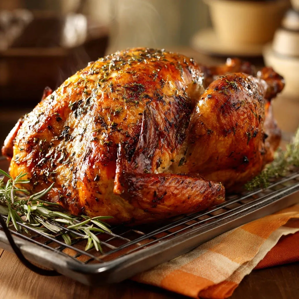 Herb roasted chicken cooling on a rack with fresh rosemary, showcasing its golden-brown skin.