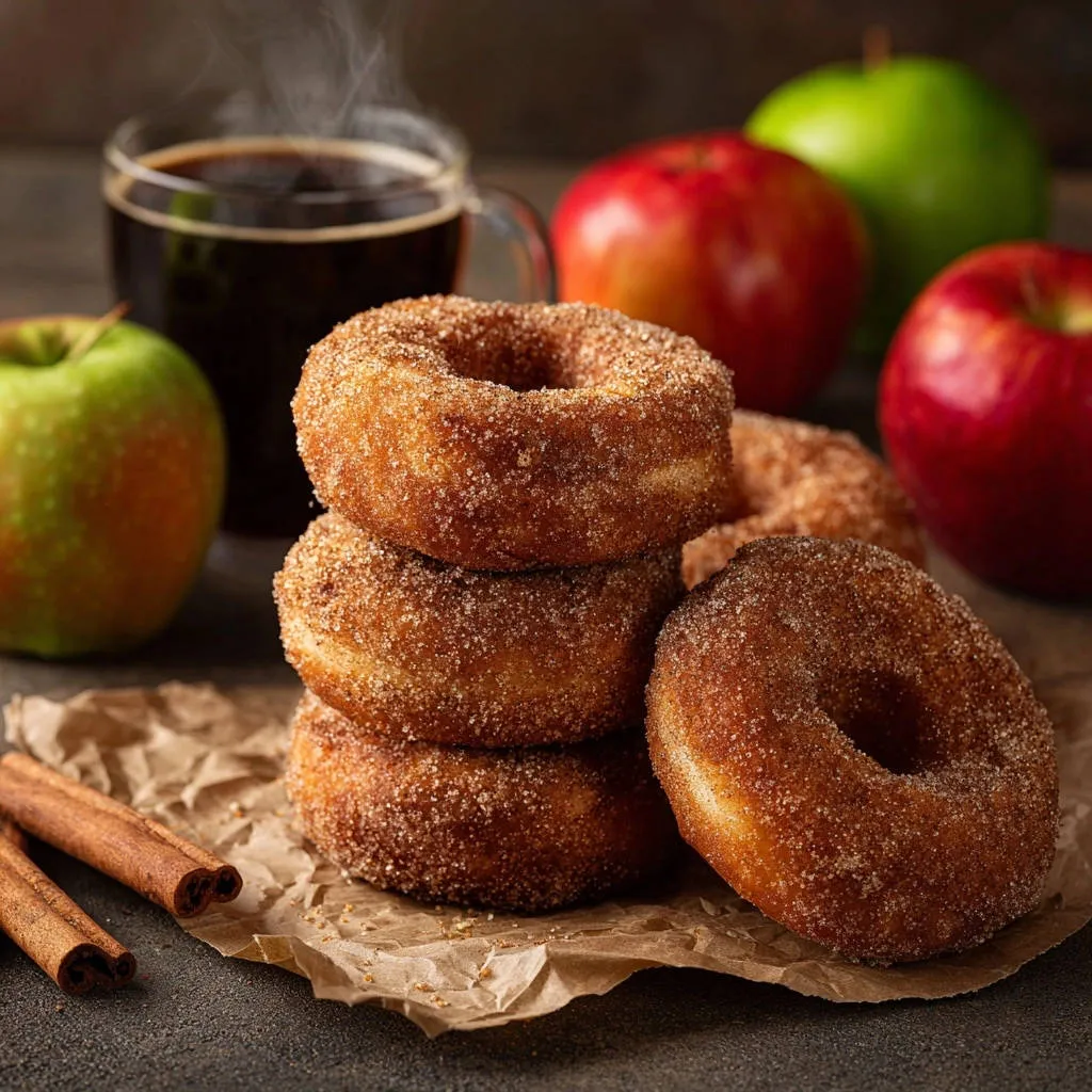 Homemade apple cider donuts stacked on parchment paper with fresh apples and cinnamon sticks in the background.