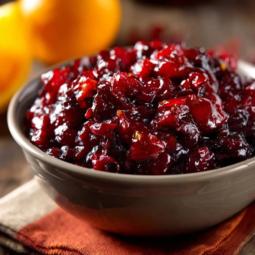 Homemade cranberry sauce in a bowl shown in a close-up view with oranges in the background.