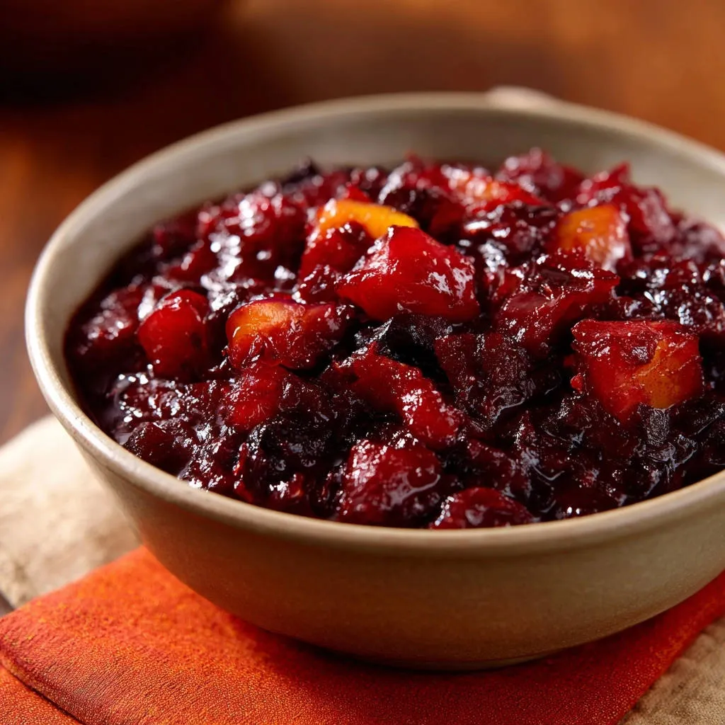 Homemade cranberry sauce in a bowl, showing the thick and spoonable texture with chunks of fruit.