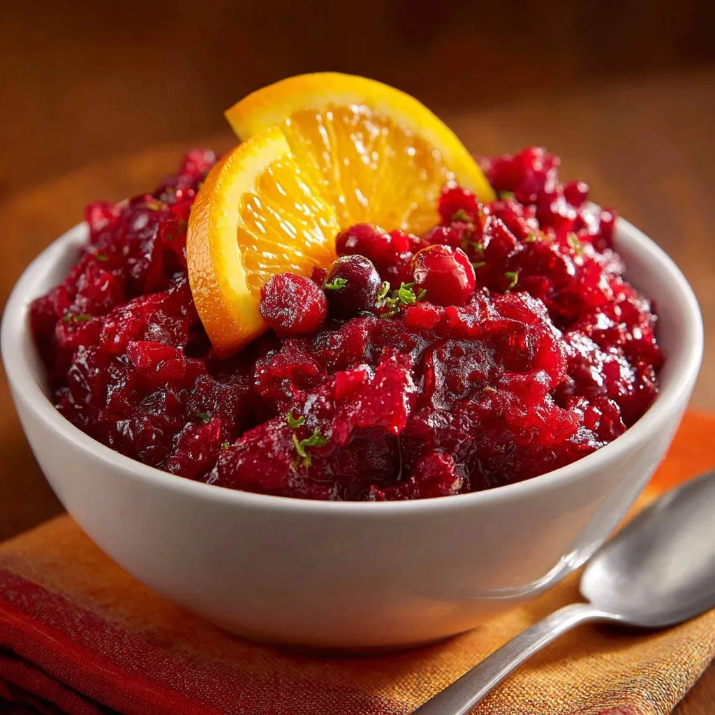Homemade cranberry sauce garnished with orange slices and fresh cranberries in a white bowl.