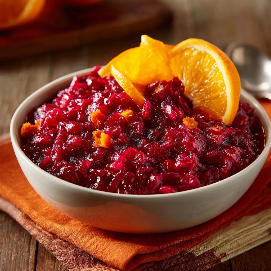 Homemade cranberry sauce garnished with a fresh orange slice and zest in a white bowl.