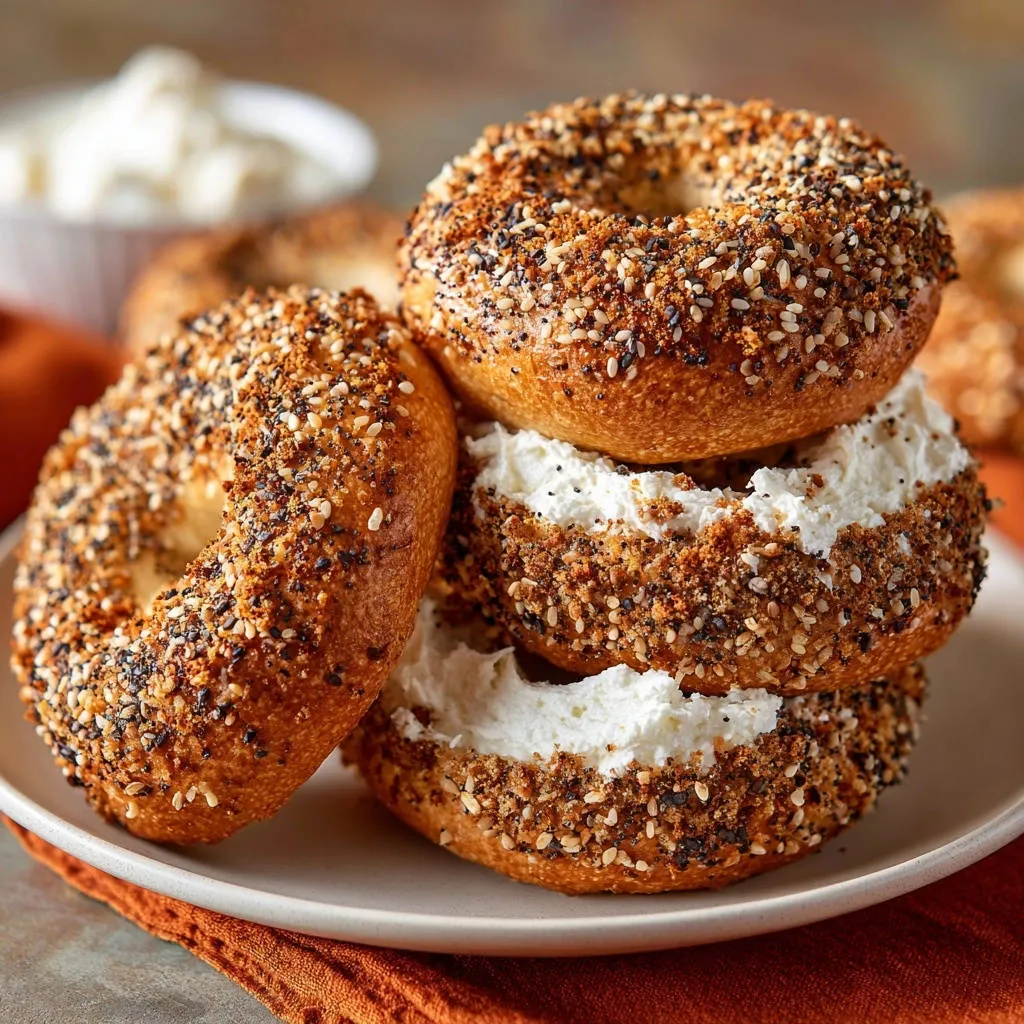 Homemade everything bagels generously stuffed with cream cheese, stacked on a white plate with an orange napkin.