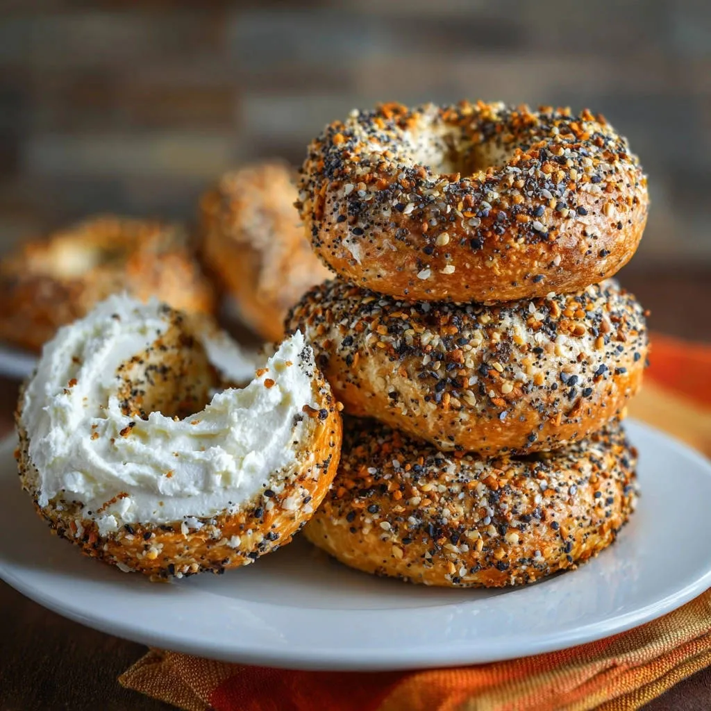 Homemade everything bagels stacked on a plate, one is split with cream cheese filling.
