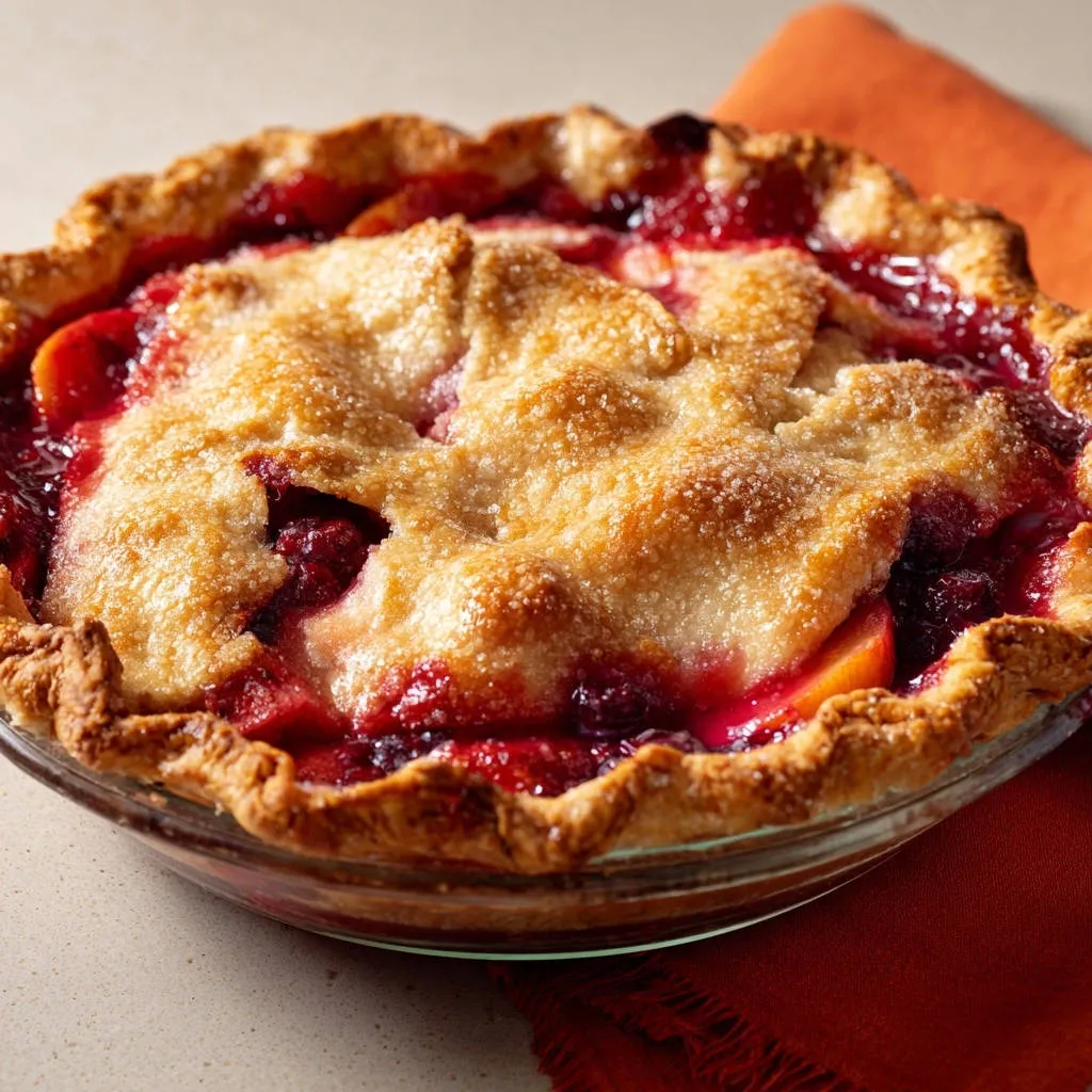 Homemade peach berry pie with a golden, sugar-dusted lattice crust and visible fruit filling.