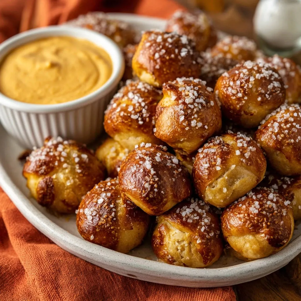 Homemade pretzel bites with cheesy dip shown close-up on a platter with a bowl of dip.