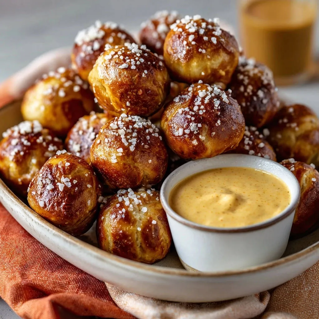Homemade pretzel bites with cheesy dip, a close-up view showcasing the glistening texture and coarse salt topping.