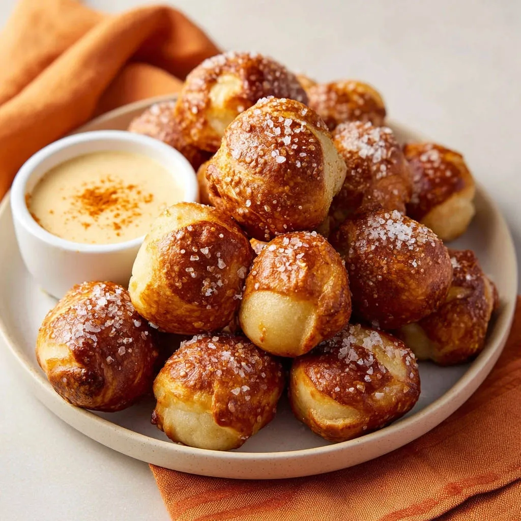 Homemade pretzel bites with cheesy dip, piled high on a plate, showcasing their golden crust and coarse salt topping.