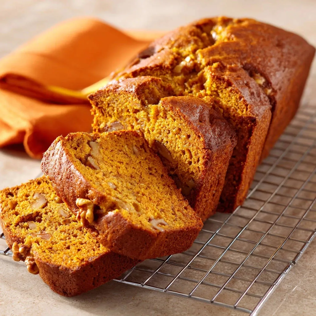 Homemade walnut quick bread, sliced and cooling on a wire rack with an orange napkin in the background.