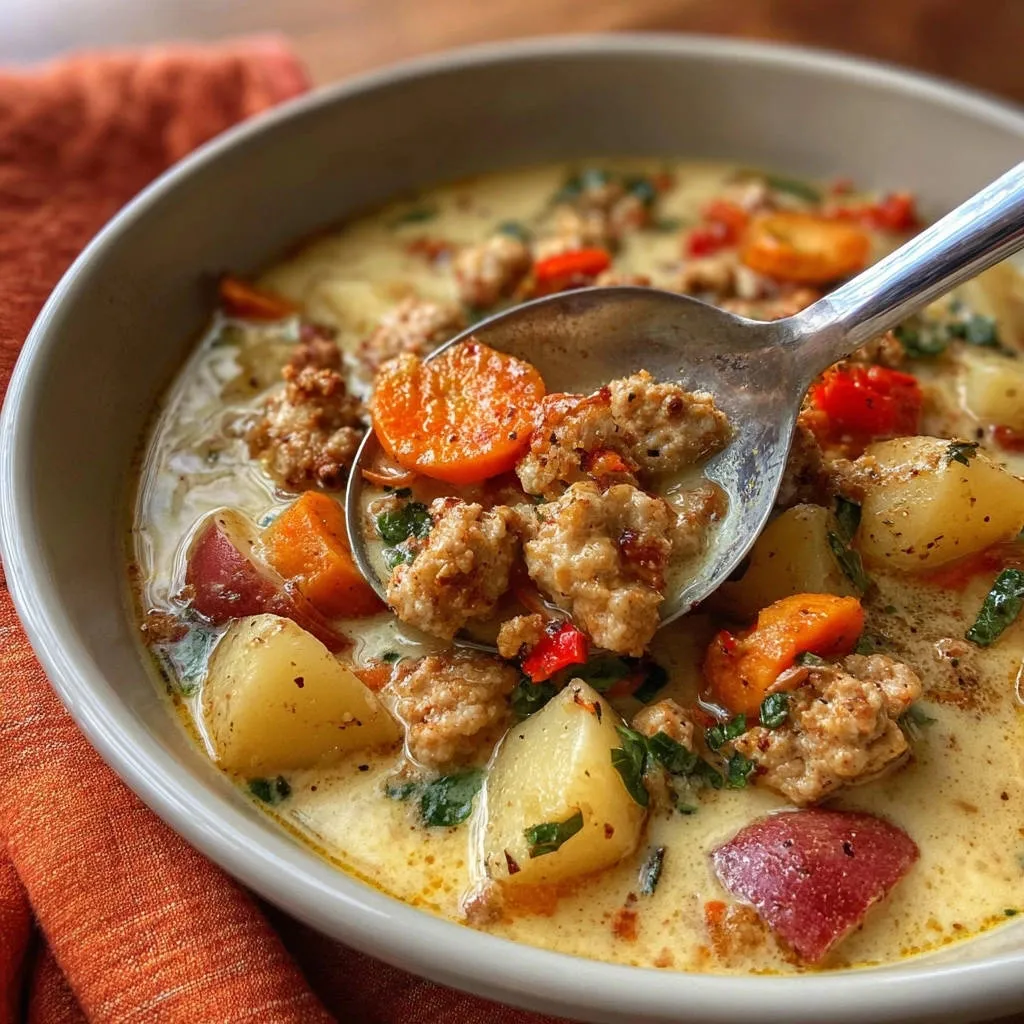 Creamy Italian-style sausage and potato soup shown in a close-up spoonful with carrots and herbs.