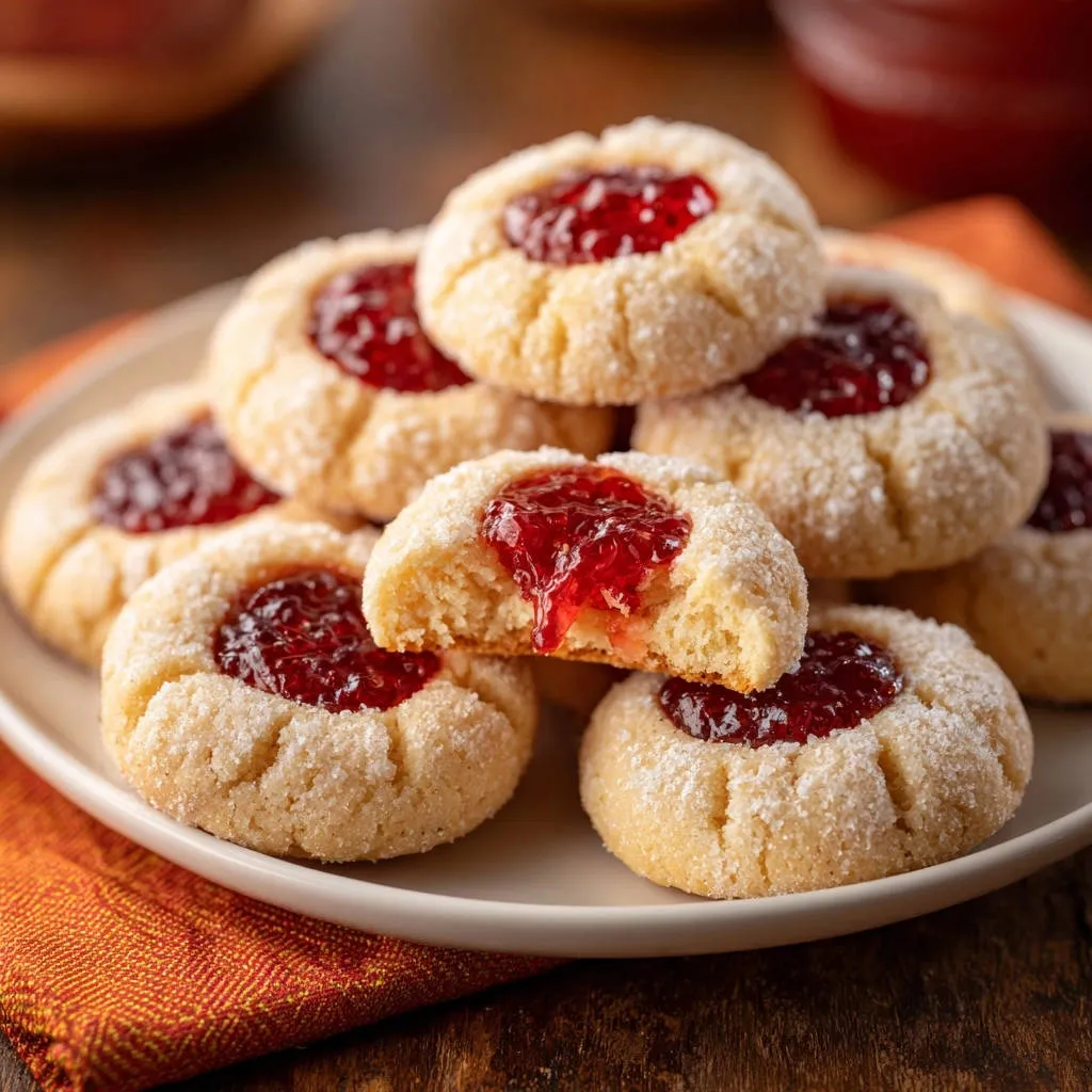 Classic jam thumbprint cookies shown in a close-up cross-section revealing the jam filling and cookie texture.