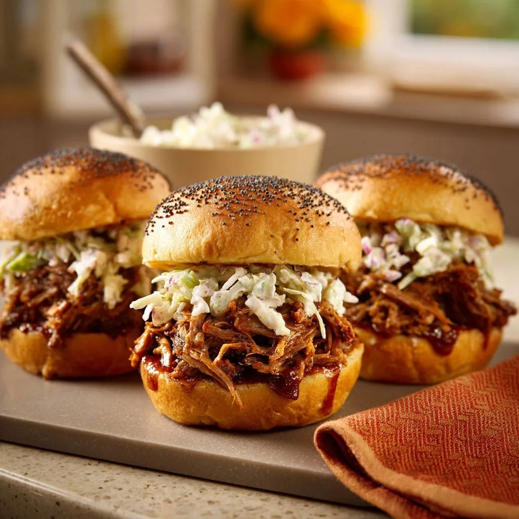 Juicy shredded beef sandwiches with coleslaw piled high on poppy seed buns, presented as a trio of sliders.