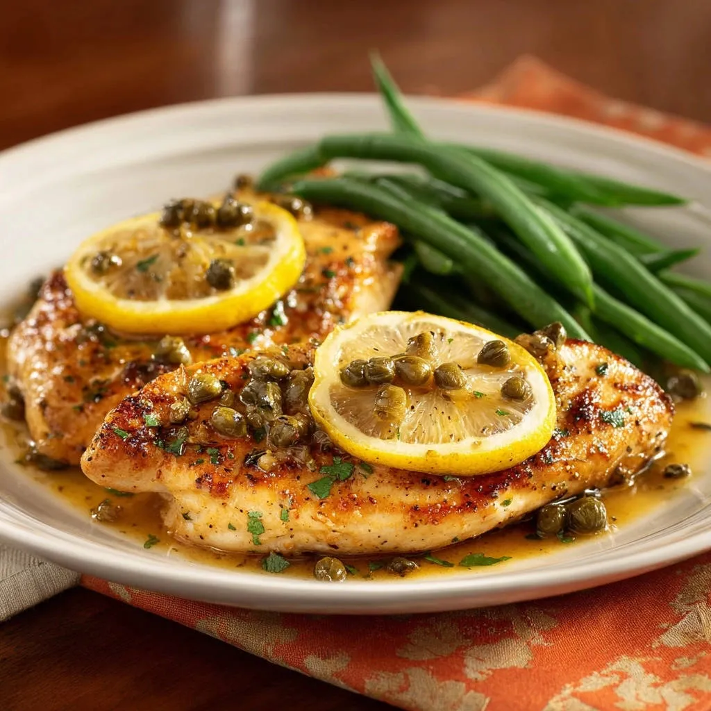 Lemon caper chicken plated with lemon slices and green beans, showcasing a glistening sauce and caper topping.