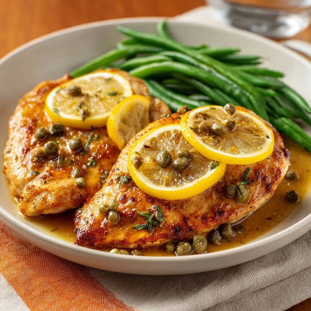Lemon caper chicken plated with lemon slices and green beans, showcasing a savory sauce and caper garnish.