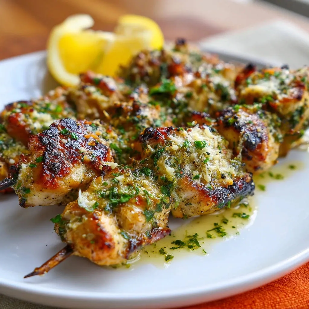 Lemon garlic chicken skewers are served on a white plate with a lemon wedge and fresh parsley garnish.